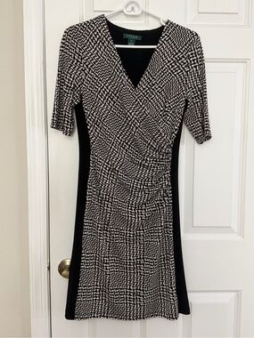 Ralph Lauren Black and White Ruched Wrap-Style Midi Dress